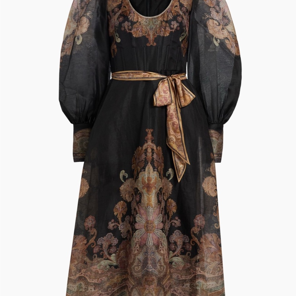 Zimmermann Black and Tan Bishop Sleeve Midi Gown